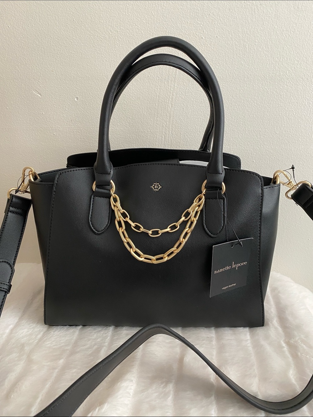 Nanette Lepore Harlow Convertible Solid Satchel w/ Chain in Black